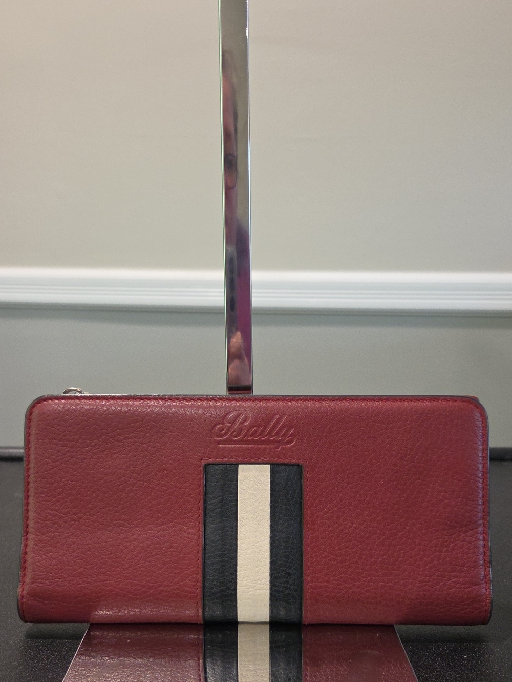 Bally Leather Zip Bifold Wallet - Burgundy with Black & Cream Stripe